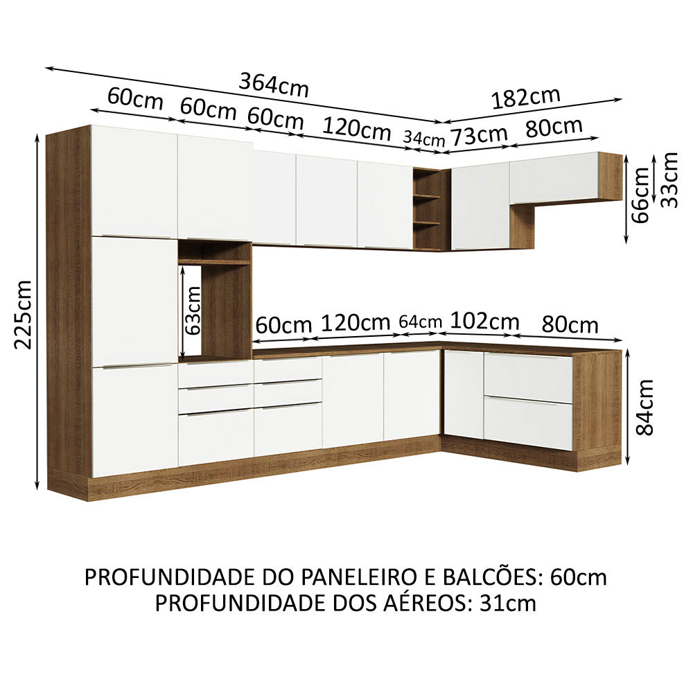 Armário de Cozinha Completa de Canto 546cm Rustic/Branco Veludo