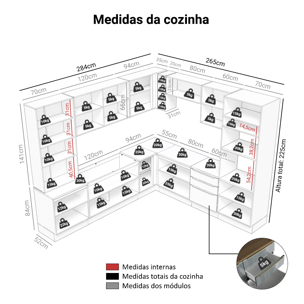 Armário de Cozinha Completa de Canto 549 cm Branco/Preto Lux Madesa 01