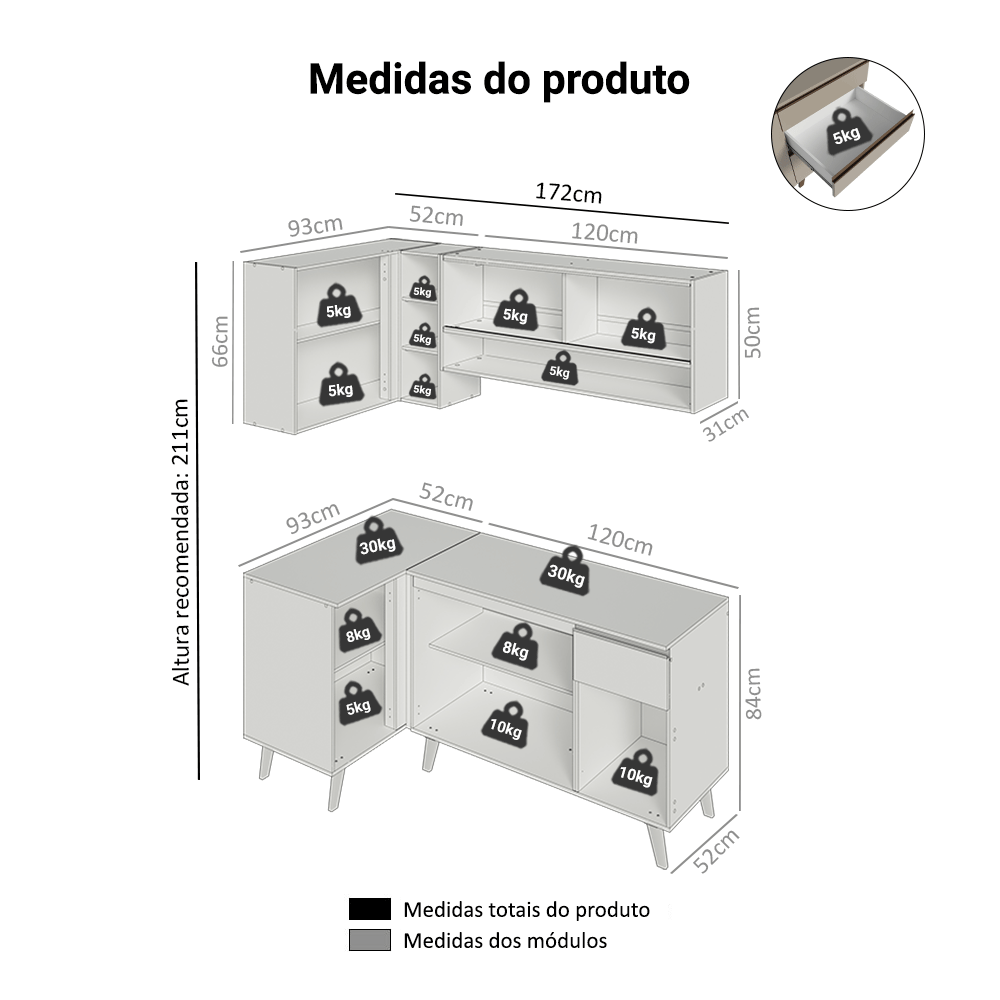 Armário de Cozinha Completa de Canto 265 cm Crema Nice Madesa 01