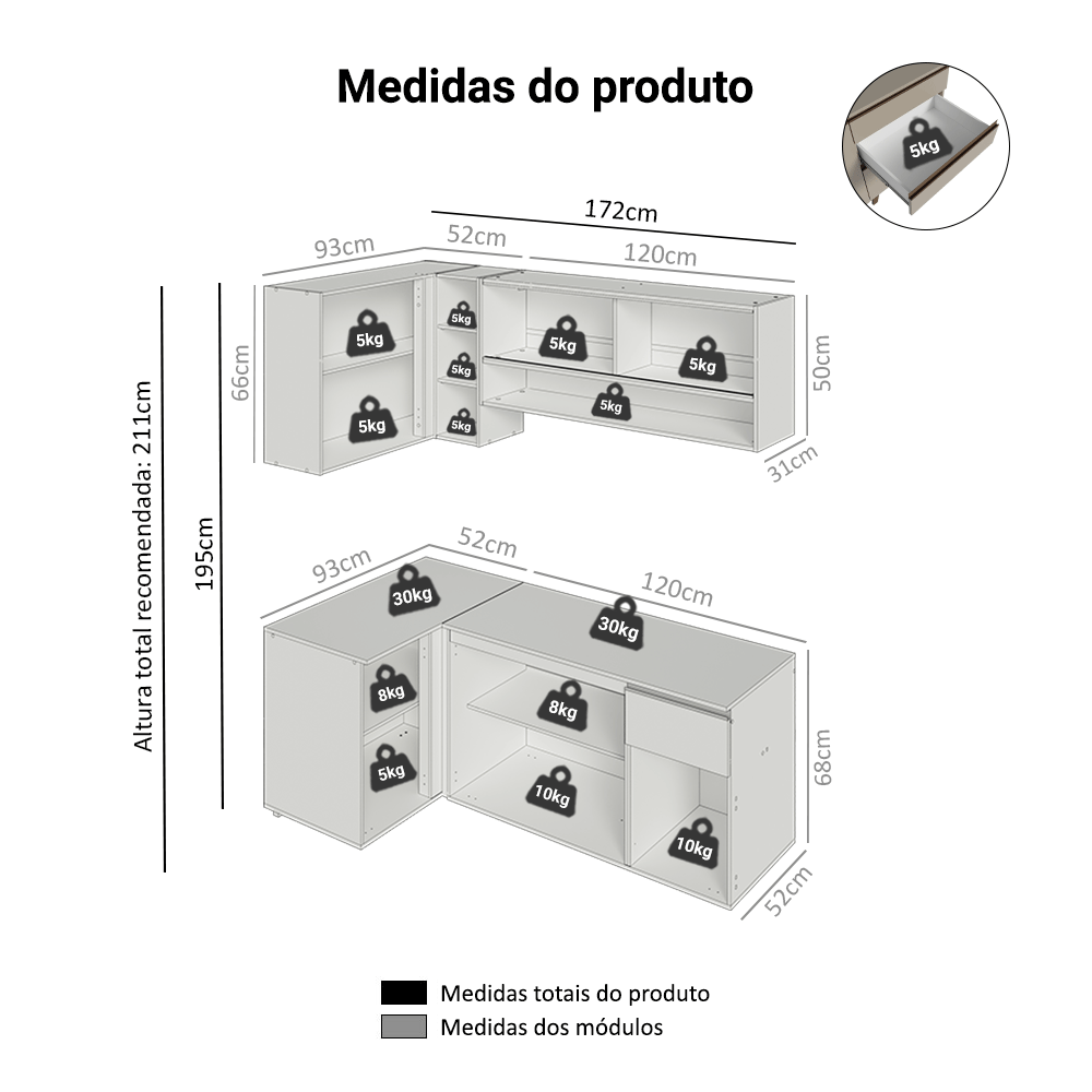 Armário de Cozinha Completa de Canto 265 cm Suspenso Crema Nice Madesa 03