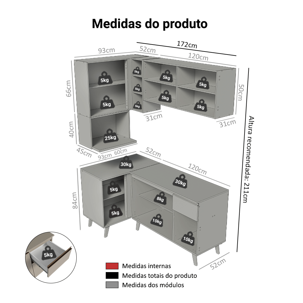 Armário de Cozinha Completa de Canto 265 cm Crema Nice Madesa 05