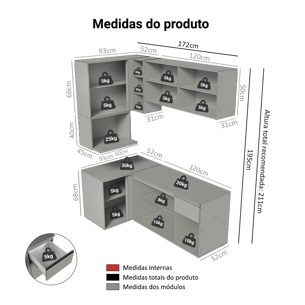 Armário de Cozinha Completa de Canto 265 cm Suspensa Cinza Nice Madesa 06