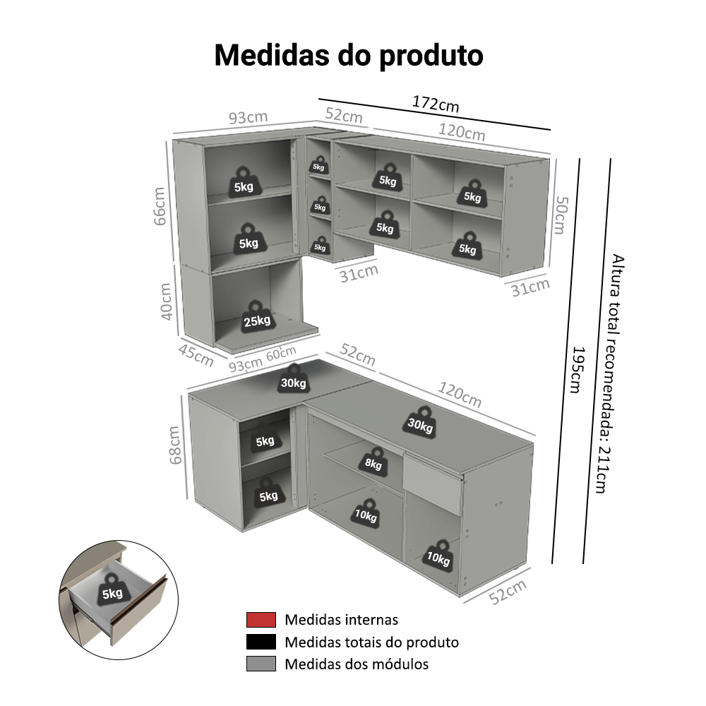 Armário de Cozinha Completa de Canto 265 cm Suspensa Crema Nice Madesa 06