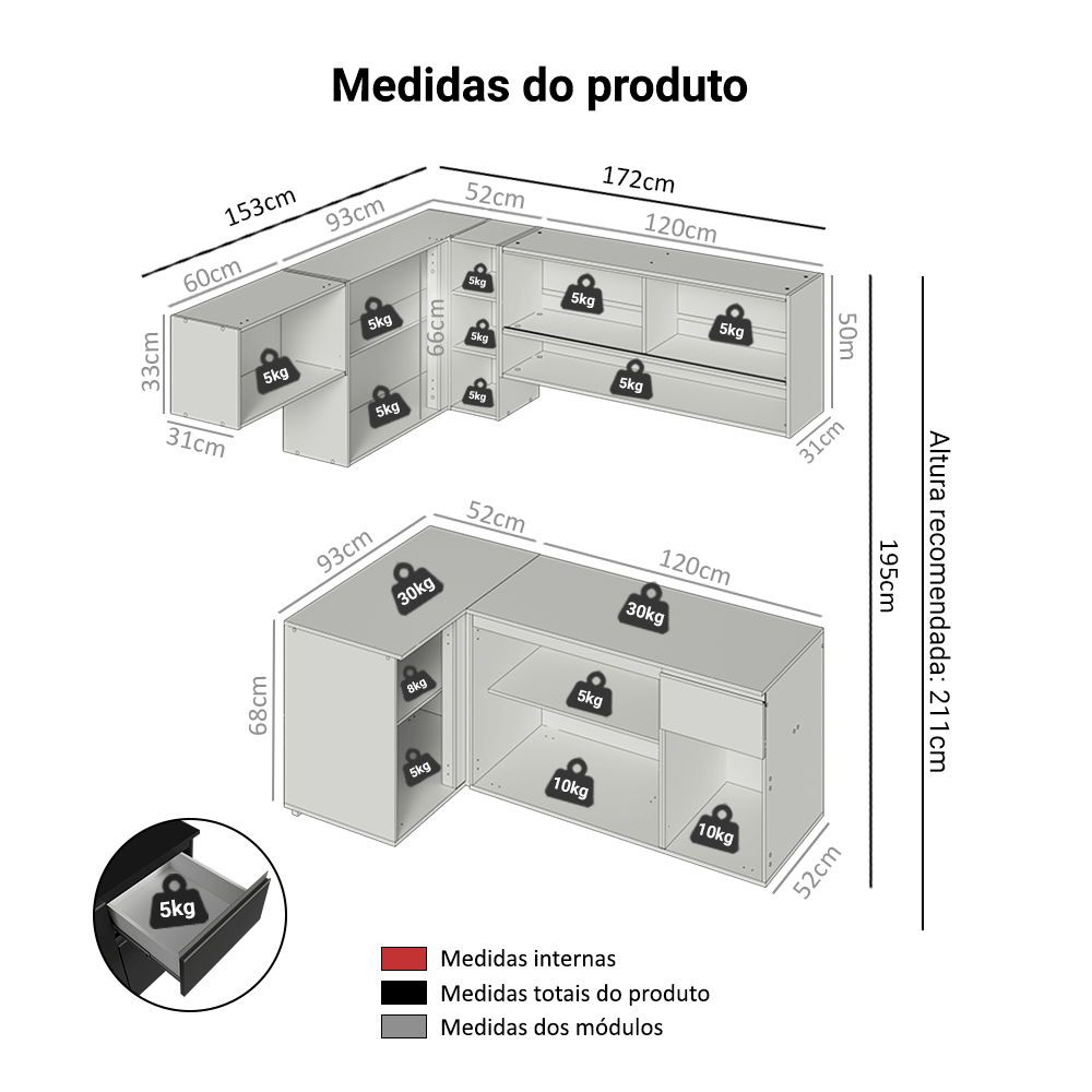 Armário de Cozinha Completa de Canto Suspenso 325 cm Preto Nice Madesa 02