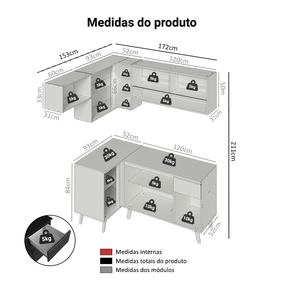 Armário de Cozinha Completa de Canto 325 cm Preto Nice Madesa 03