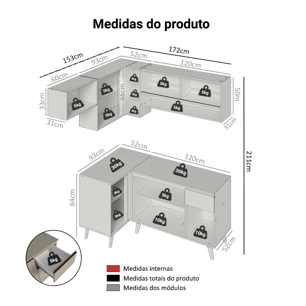 Armário de Cozinha Completa de Canto 325 cm Crema Nice Madesa 04
