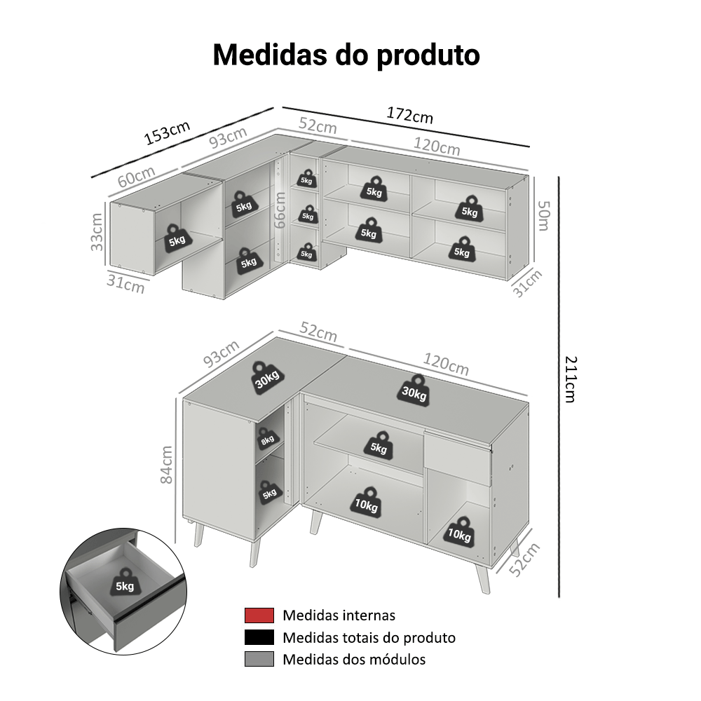 Armário de Cozinha Completa de Canto 325cm Cinza Nice Madesa 06