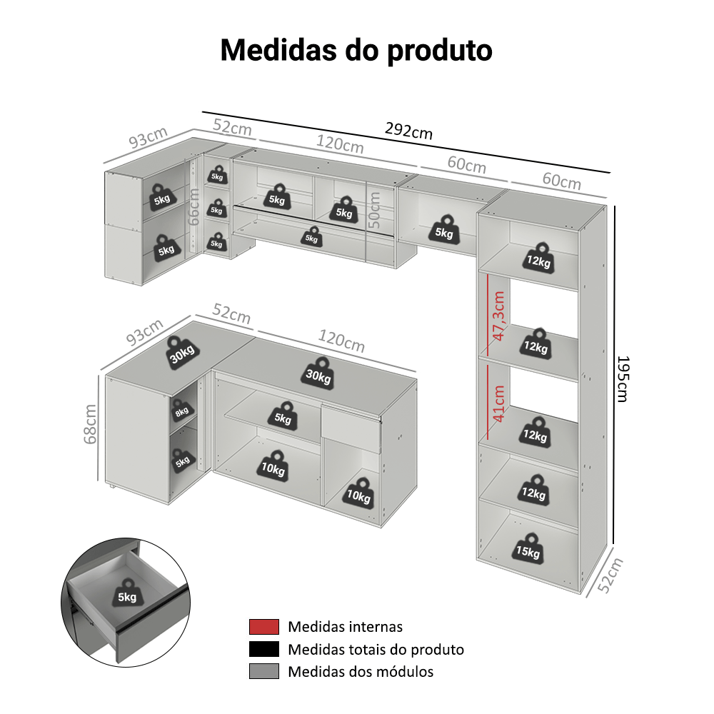 Armário de Cozinha Completa de Canto Suspenso 385cm Cinza Nice Madesa 01