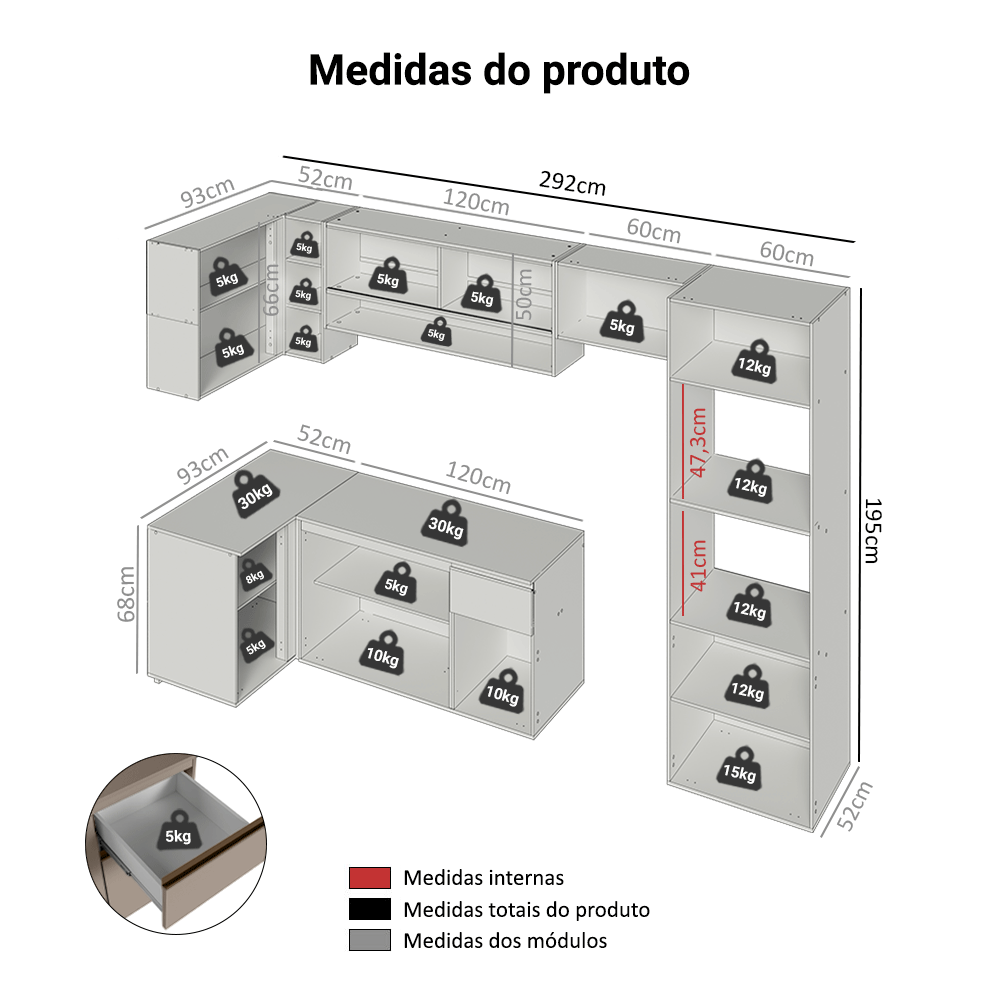 Armário de Cozinha Completa de Canto Suspenso 385cm Crema Nice Madesa 02