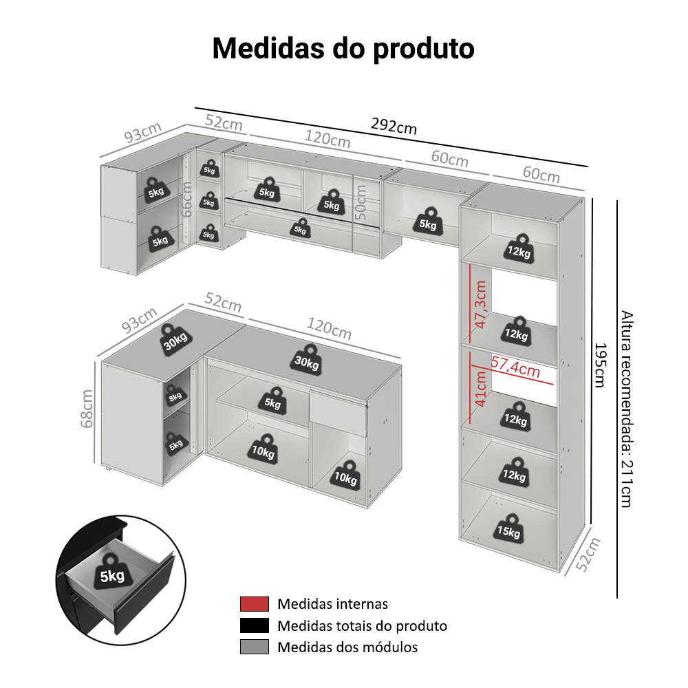 Armário de Cozinha Completa de Canto Suspenso 385 cm Preto Nice Madesa 02