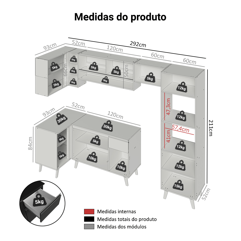 Armário de Cozinha Completa de Canto 385 cm Preto Nice Madesa 03