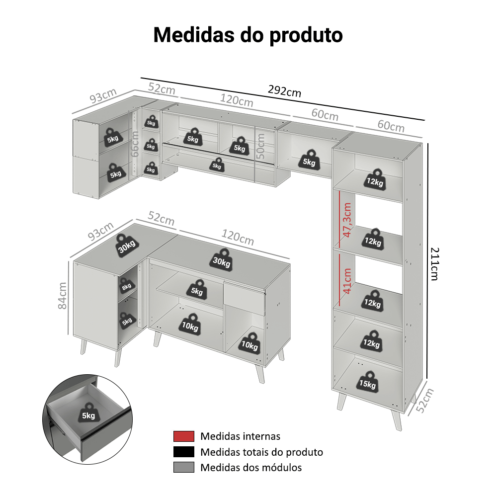 Armário de Cozinha Completa de Canto 385cm Cinza Nice Madesa 04