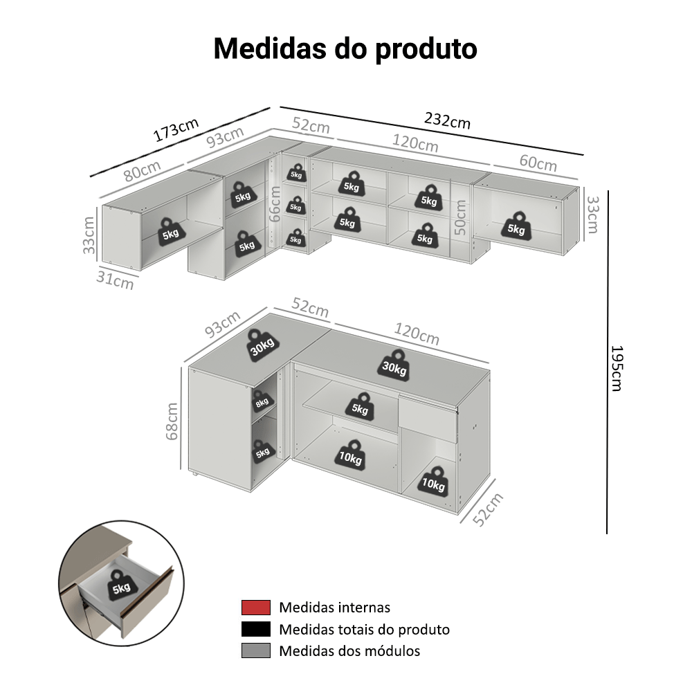 Armário de Cozinha Completa de Canto Suspensa 405 cm Crema Nice Madesa 01