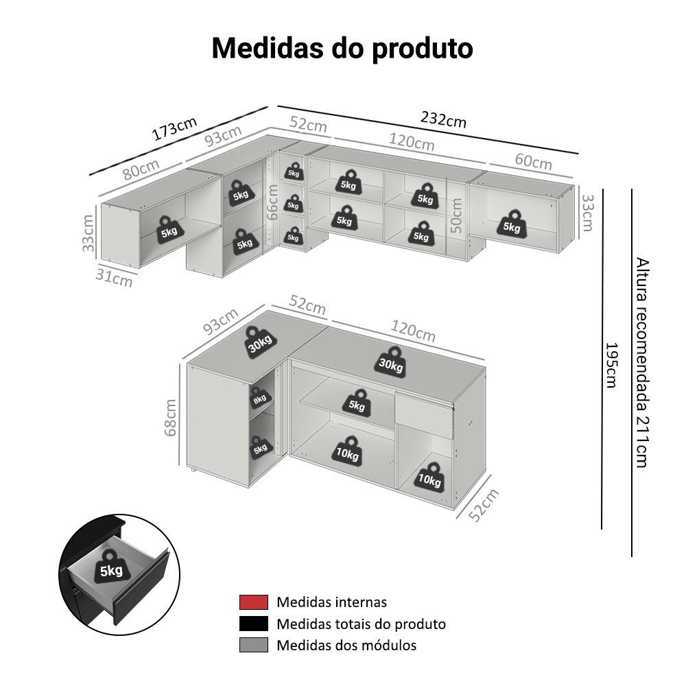 Armário de Cozinha Completa de Canto Suspenso 405 cm Preto Nice Madesa 01