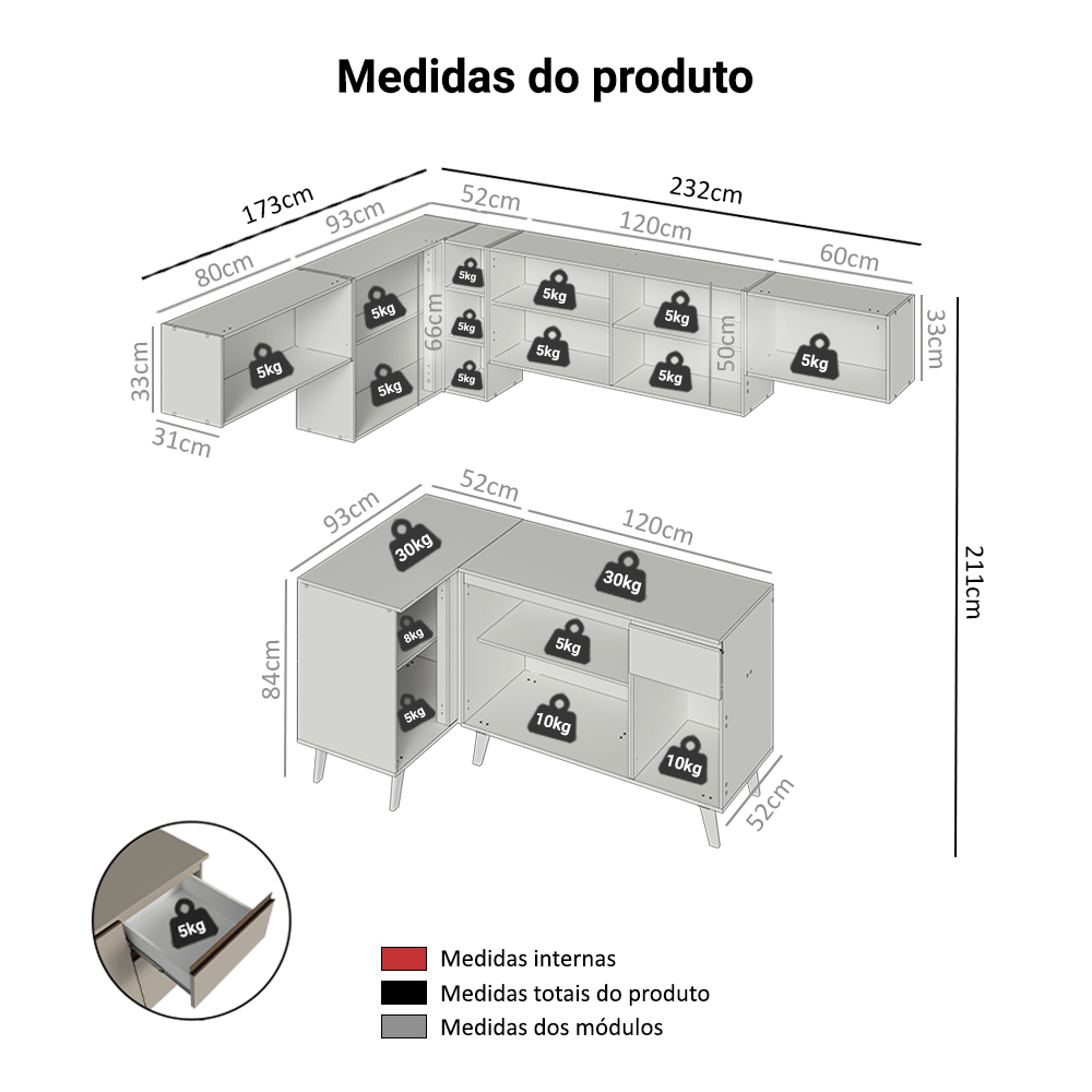 Armário de Cozinha Completa de Canto 405 cm Crema Nice Madesa 02