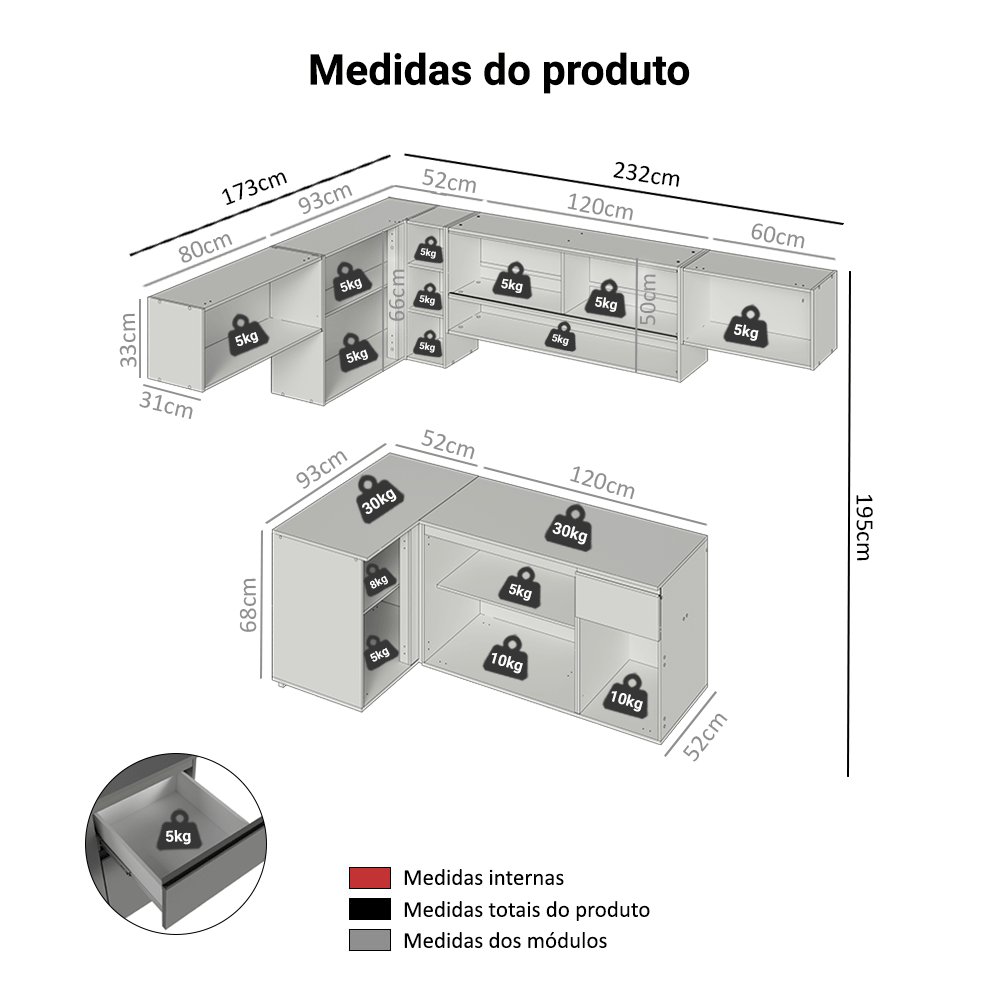 Armário de Cozinha Completa de Canto Suspenso 405cm Cinza Nice Madesa 03