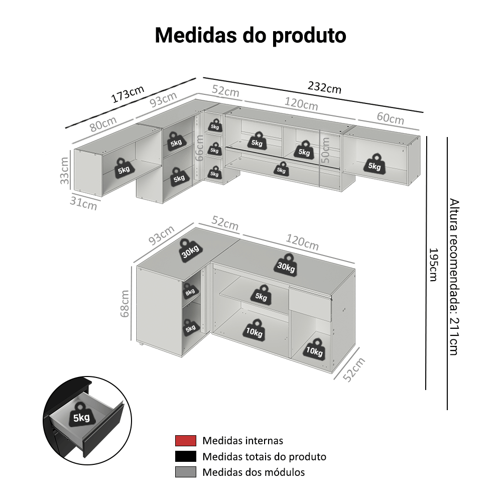 Armário de Cozinha Completa de Canto Suspenso 405 cm Preto Nice Madesa 03