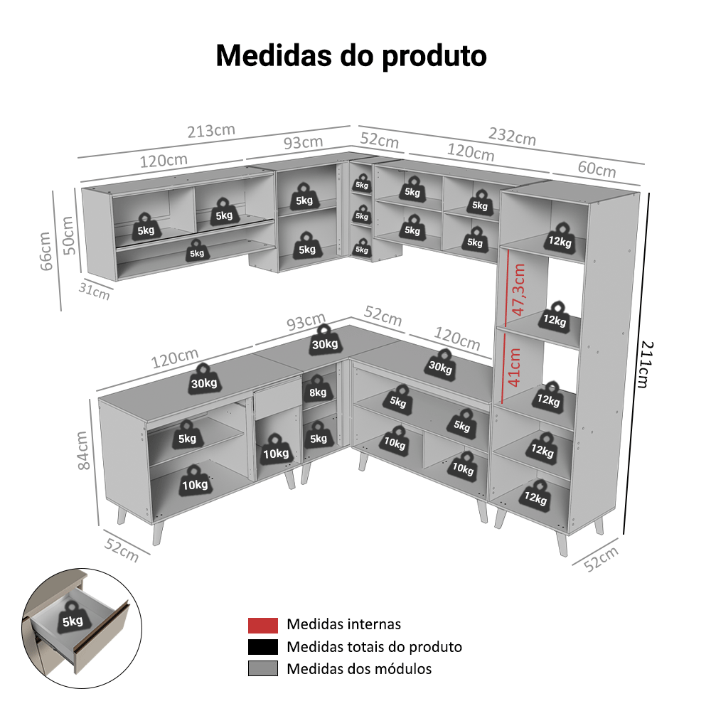 Armário de Cozinha Completa de Canto 445cm Crema Nice Madesa 01