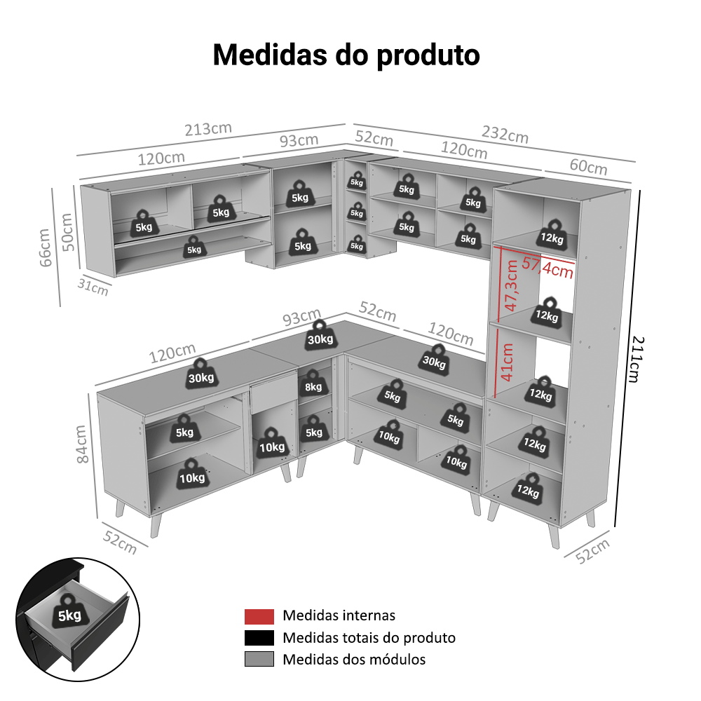 Armário de Cozinha Completa de Canto 445 cm Preto Nice Madesa 01