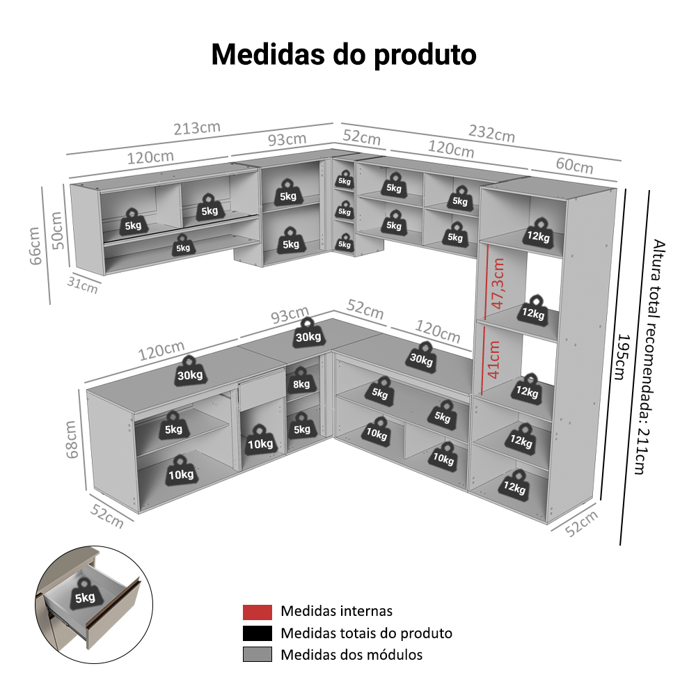Armário de Cozinha Completa de Canto 445cm Suspensa Crema Nice Madesa 03