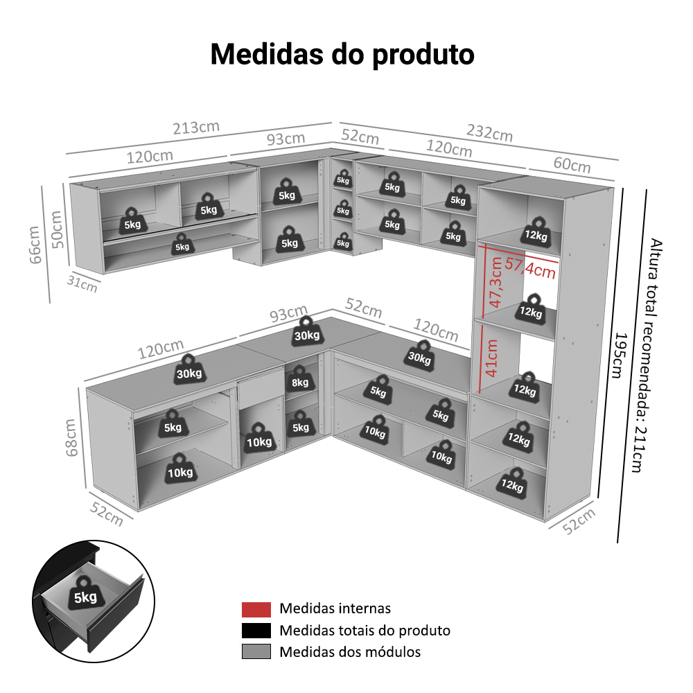Armário de Cozinha Completa de Canto 445 cm Suspenso Preto Nice Madesa 03