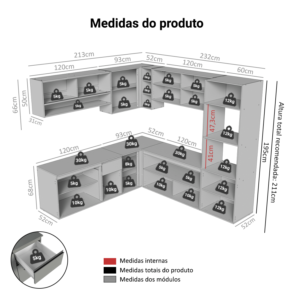Armário de Cozinha Completa de Canto 445cm Suspensa Cinza Nice Madesa 04