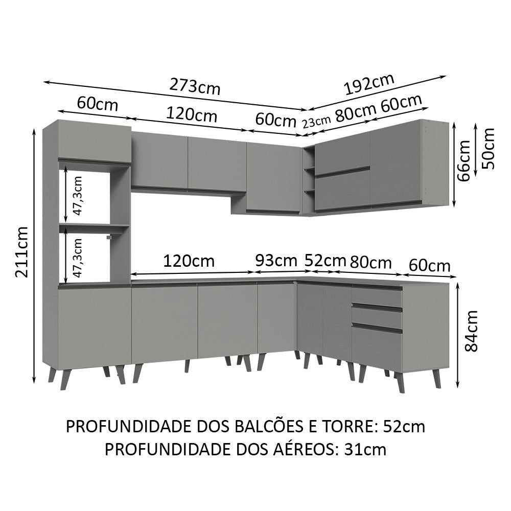 Armário de Cozinha Completa de Canto 465cm Cinza Nice Madesa 01