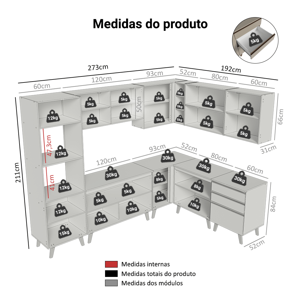 Armário de Cozinha Completa de Canto 465 cm Crema Nice Madesa 01