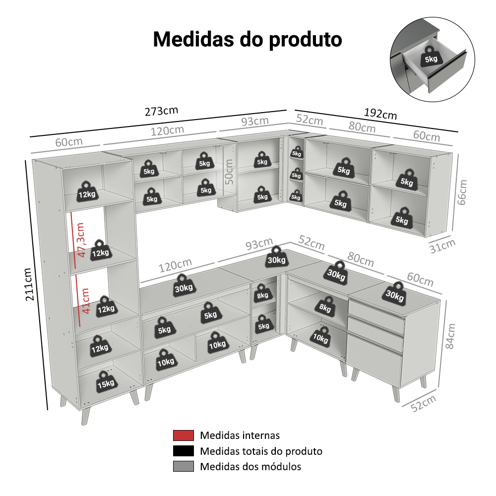 Armário de Cozinha Completa de Canto 465cm Cinza Nice Madesa 01