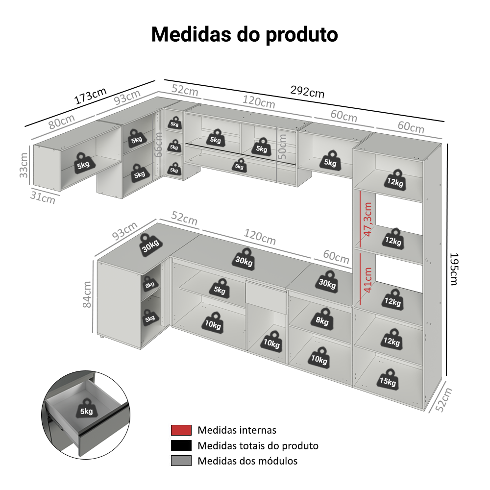 Armário de Cozinha Completa de Canto Suspenso 465cm Cinza Nice Madesa 02