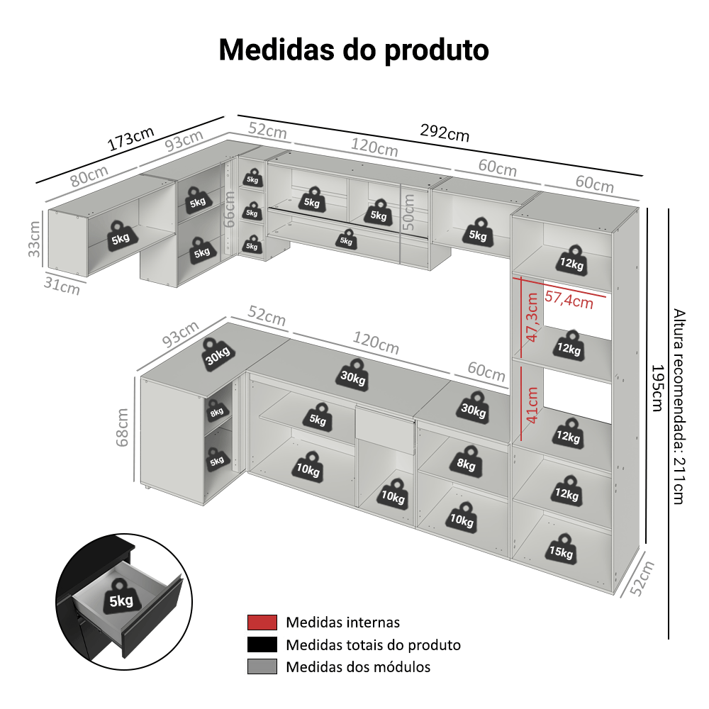Armário de Cozinha Completa de Canto Suspenso 465 cm Preto Nice Madesa 02