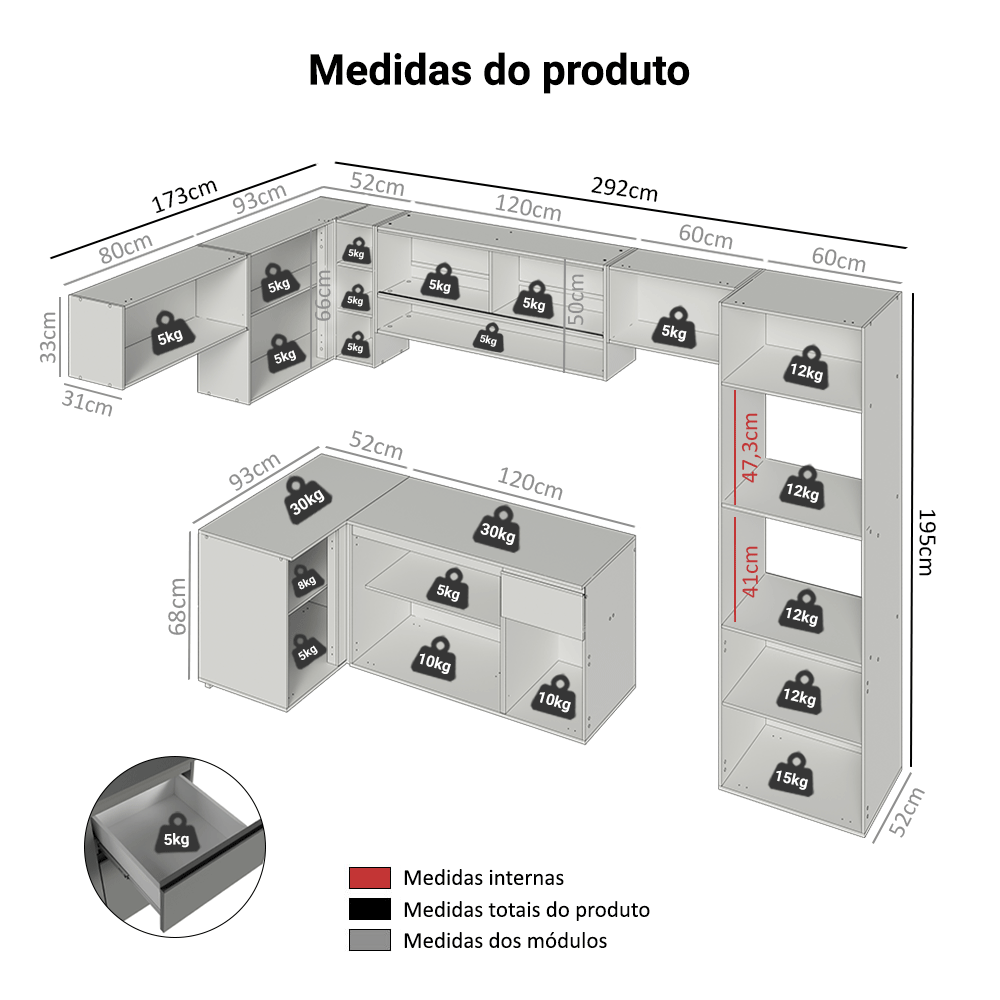 Armário de Cozinha Completa de Canto Suspenso 465cm Cinza Nice Madesa 06