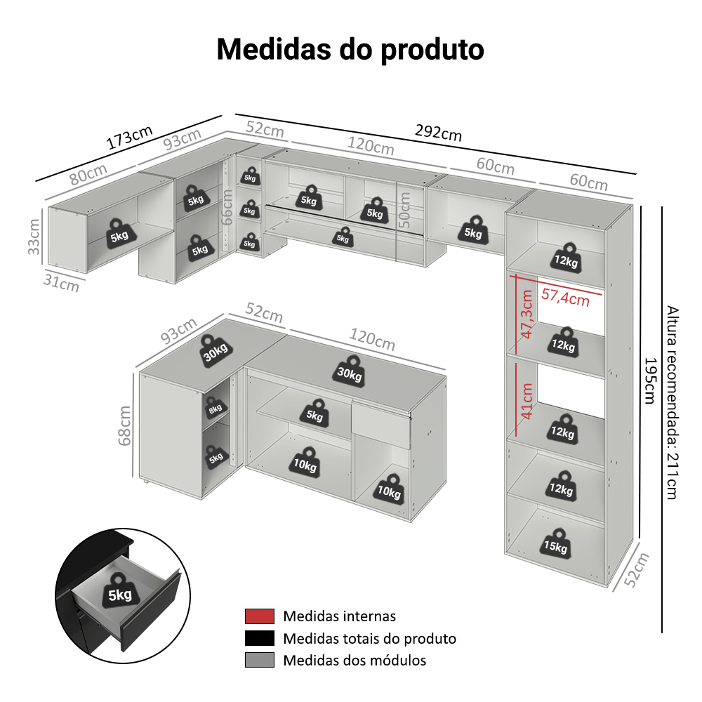 Armário de Cozinha Completa de Canto Suspenso 465 cm Preto Nice Madesa 07