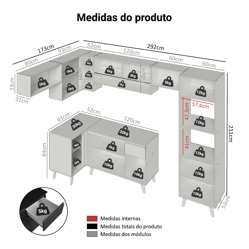 Armário de Cozinha Completa de Canto 465 cm Preto Nice Madesa 09