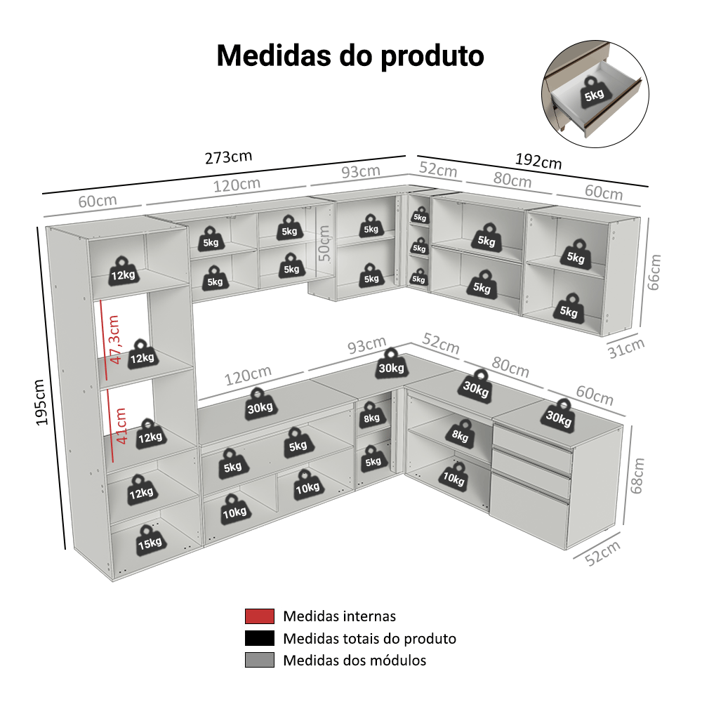 Armário de Cozinha Completa de Canto 465 cm Suspensa Crema Nice Madesa 10