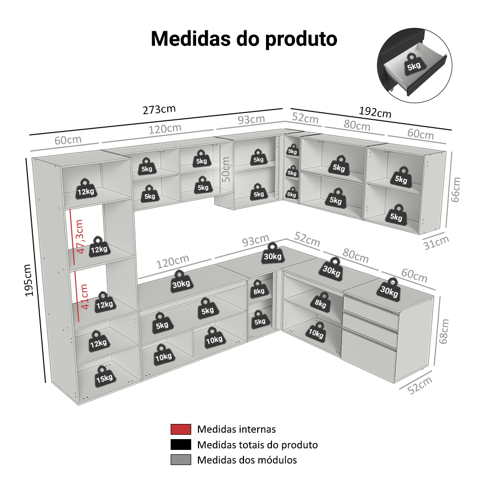 Armário de Cozinha Completa de Canto 465 cm Suspenso Preto Nice Madesa 10