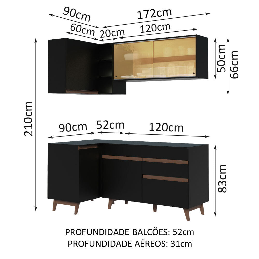 Armário de Cozinha Completa de Canto 262cm Preto Reims Madesa 01