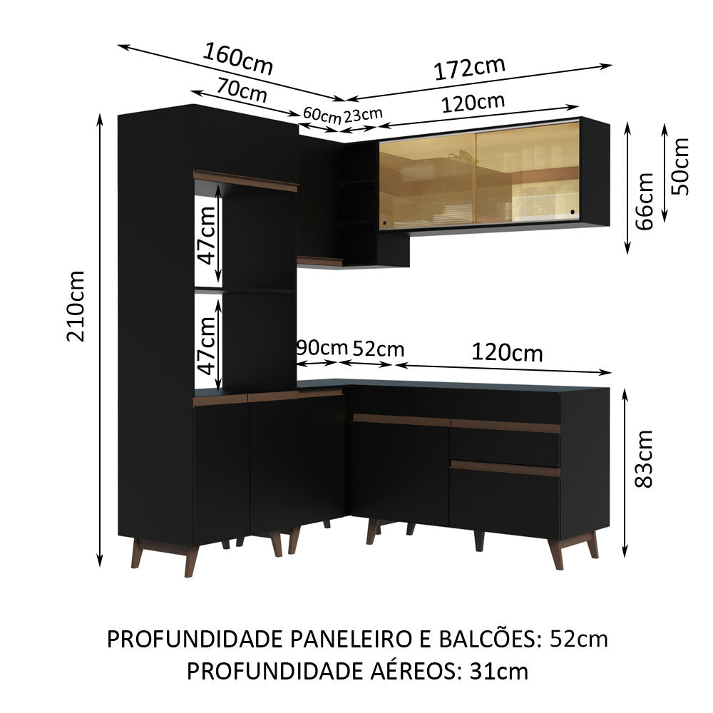 Armário de Cozinha Completa de Canto 332cm Preto Reims Madesa 01