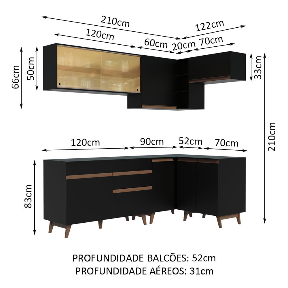 Armário de Cozinha Completa de Canto 332cm Preto Reims Madesa 02