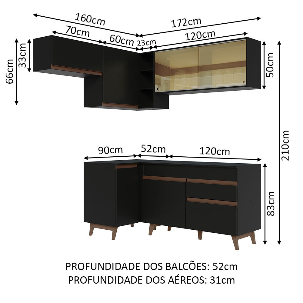 Armário de Cozinha Completa de Canto 332cm Preto Reims Madesa 03