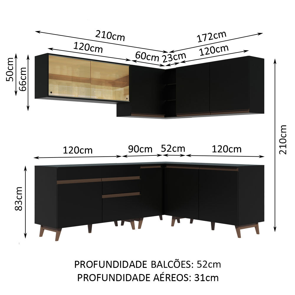 Armário de Cozinha Completa de Canto 382cm Preto Reims Madesa 01