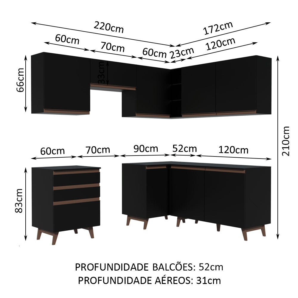 Armário de Cozinha Completa de Canto 392cm Preto Reims Madesa 01