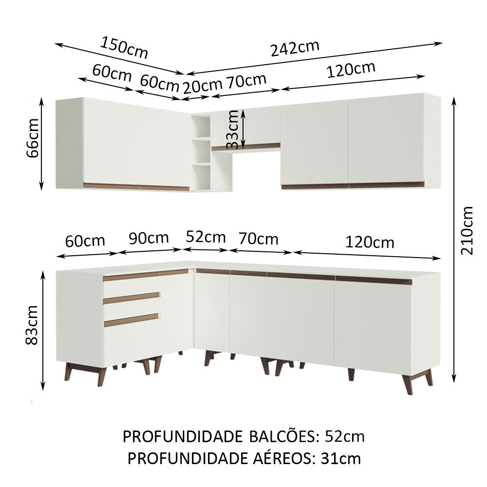 Armário de Cozinha Completa de Canto 392cm Branco Reims Madesa 02