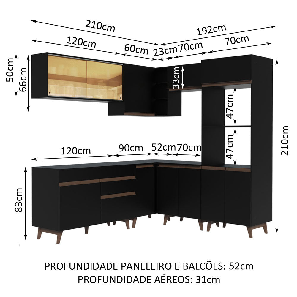 Armário de Cozinha Completa de Canto 402cm Preto Reims Madesa 01
