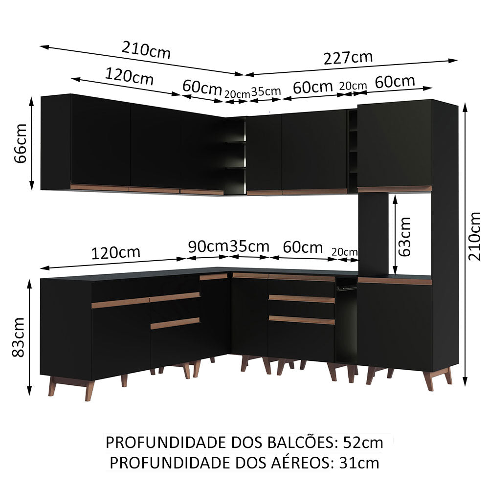 Armário de Cozinha Completa de Canto 437cm Preto Reims Madesa 01