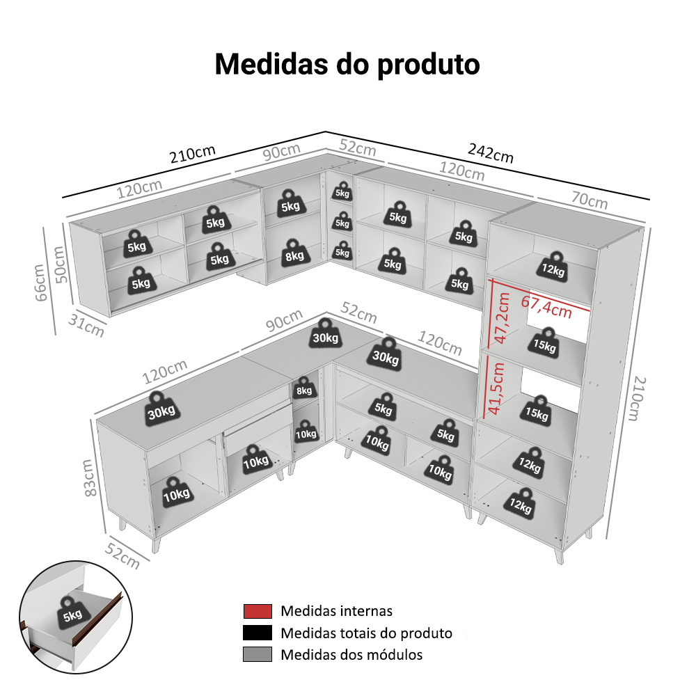 Armário de Cozinha Completa de Canto 452cm Branco Reims Madesa 01