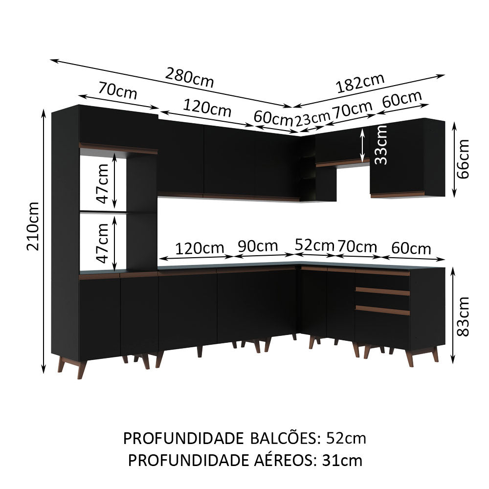 Armário de Cozinha Completa de Canto 462cm Preto Reims Madesa 01