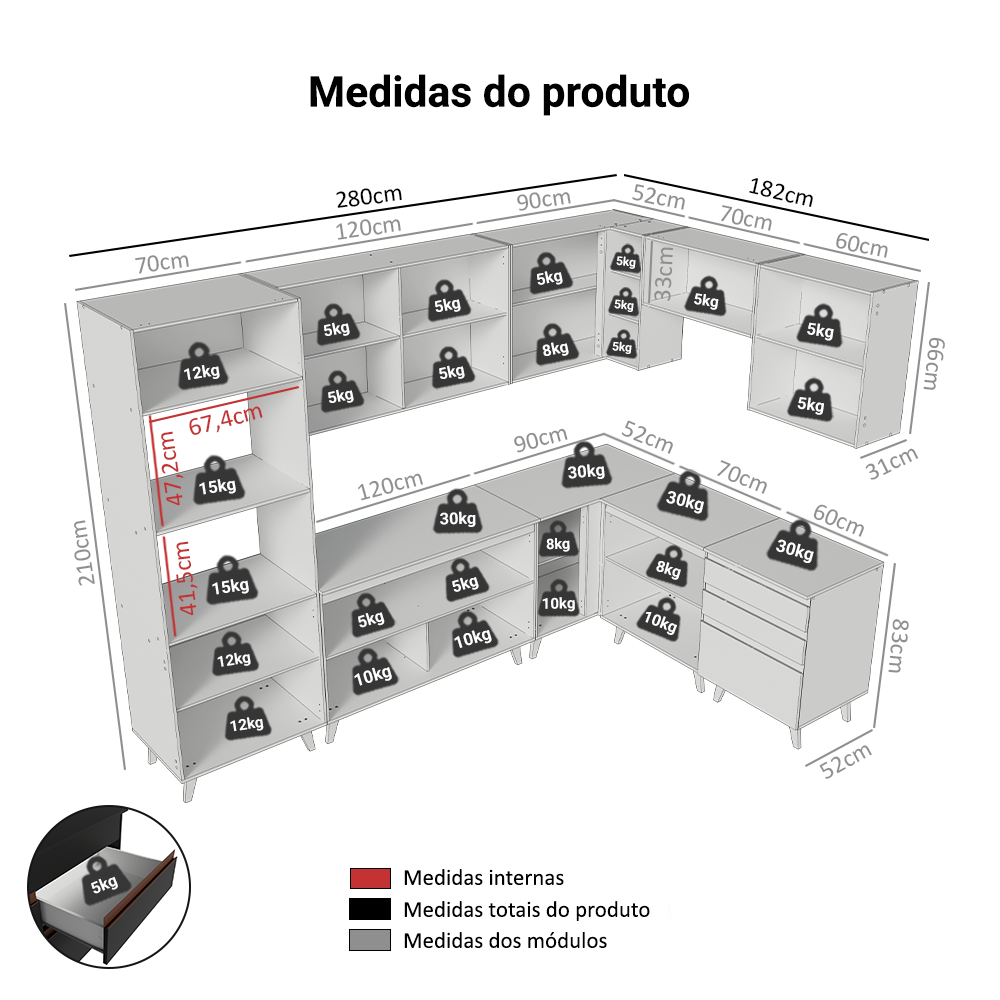 Armário de Cozinha Completa de Canto 462cm Preto Reims Madesa 01
