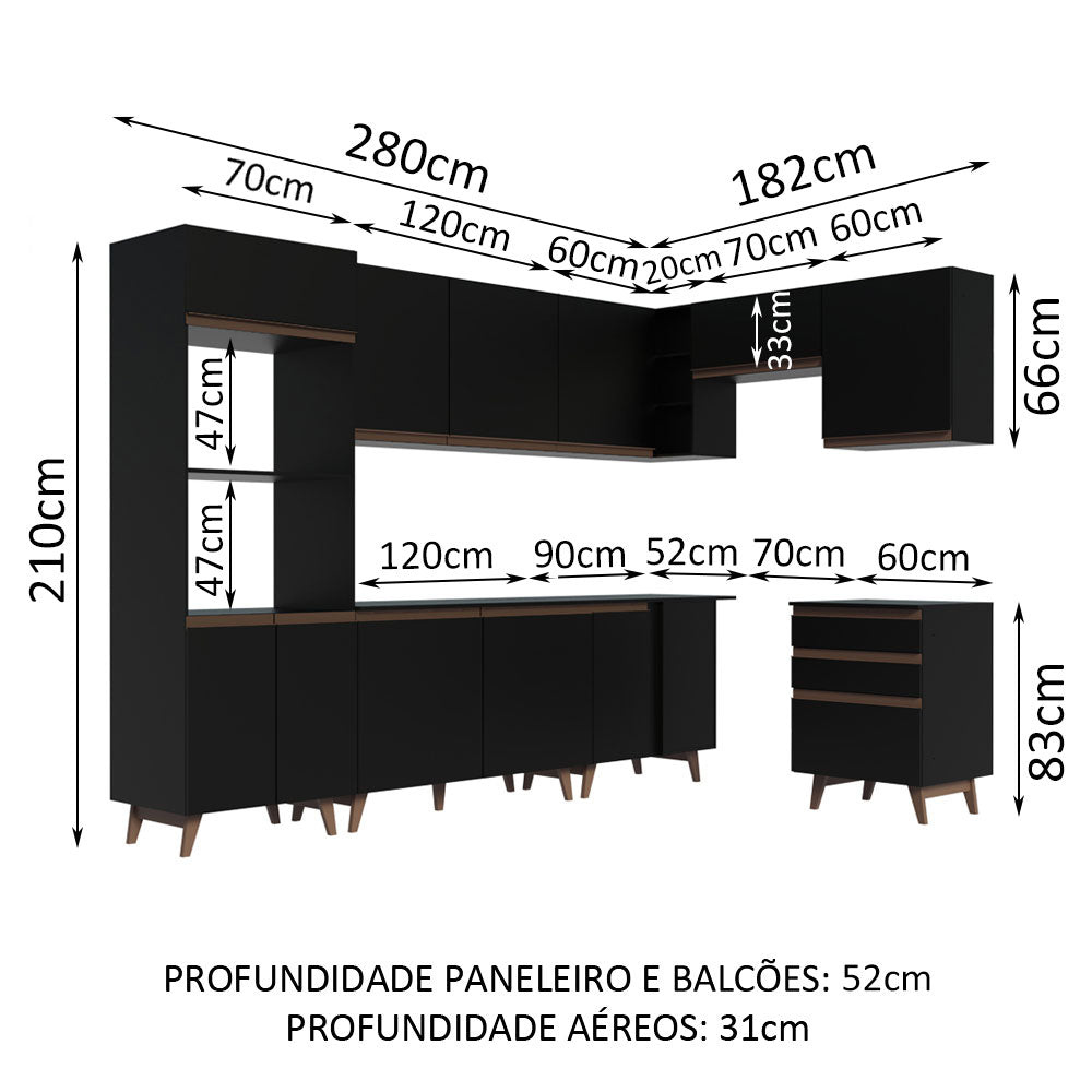 Armário de Cozinha Completa de Canto 462cm Preto Reims Madesa 02