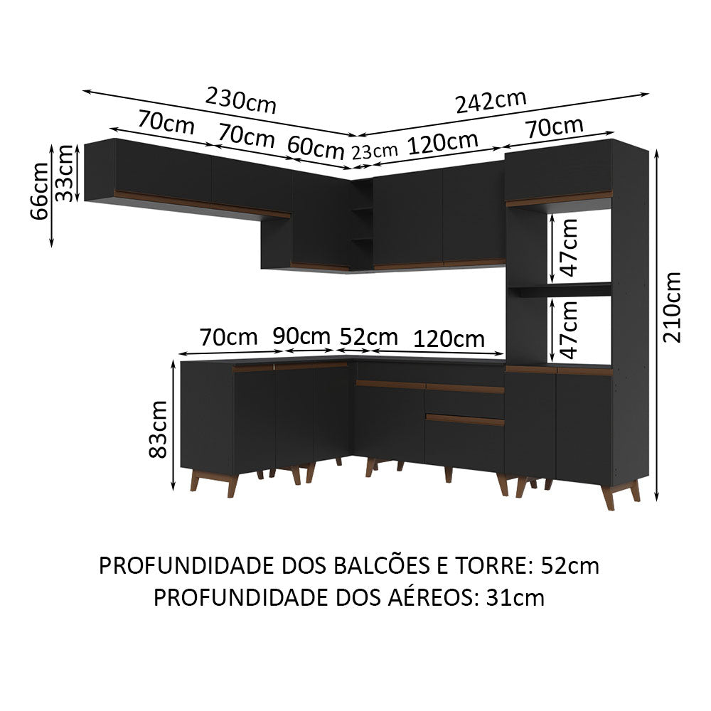 Armário de Cozinha Completa de Canto 472cm Preto Reims Madesa 01